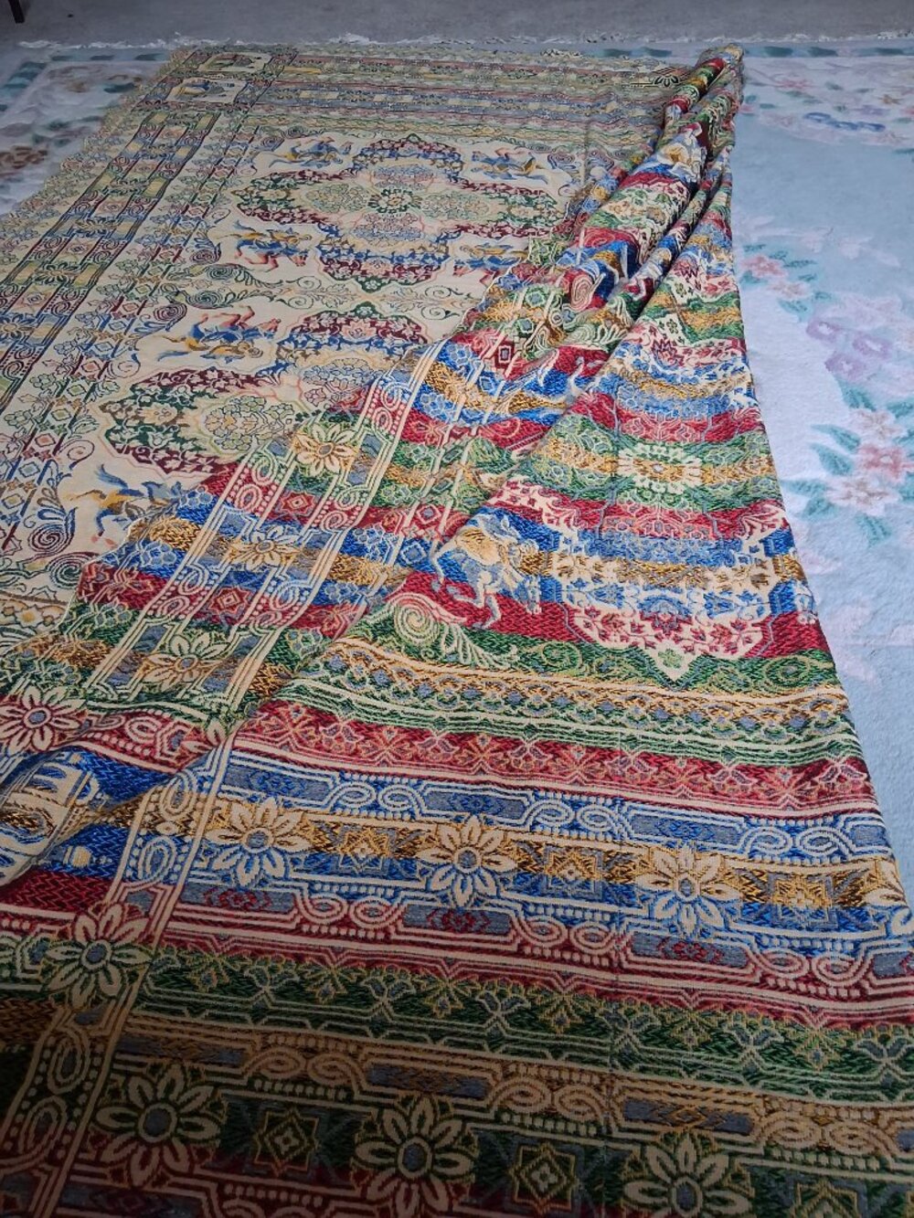 ✨Mid‑Century Italian Jacquard Bedspread 🌿 Horsemen Tapestry Luxe 94x78 - Picture 6 of 11